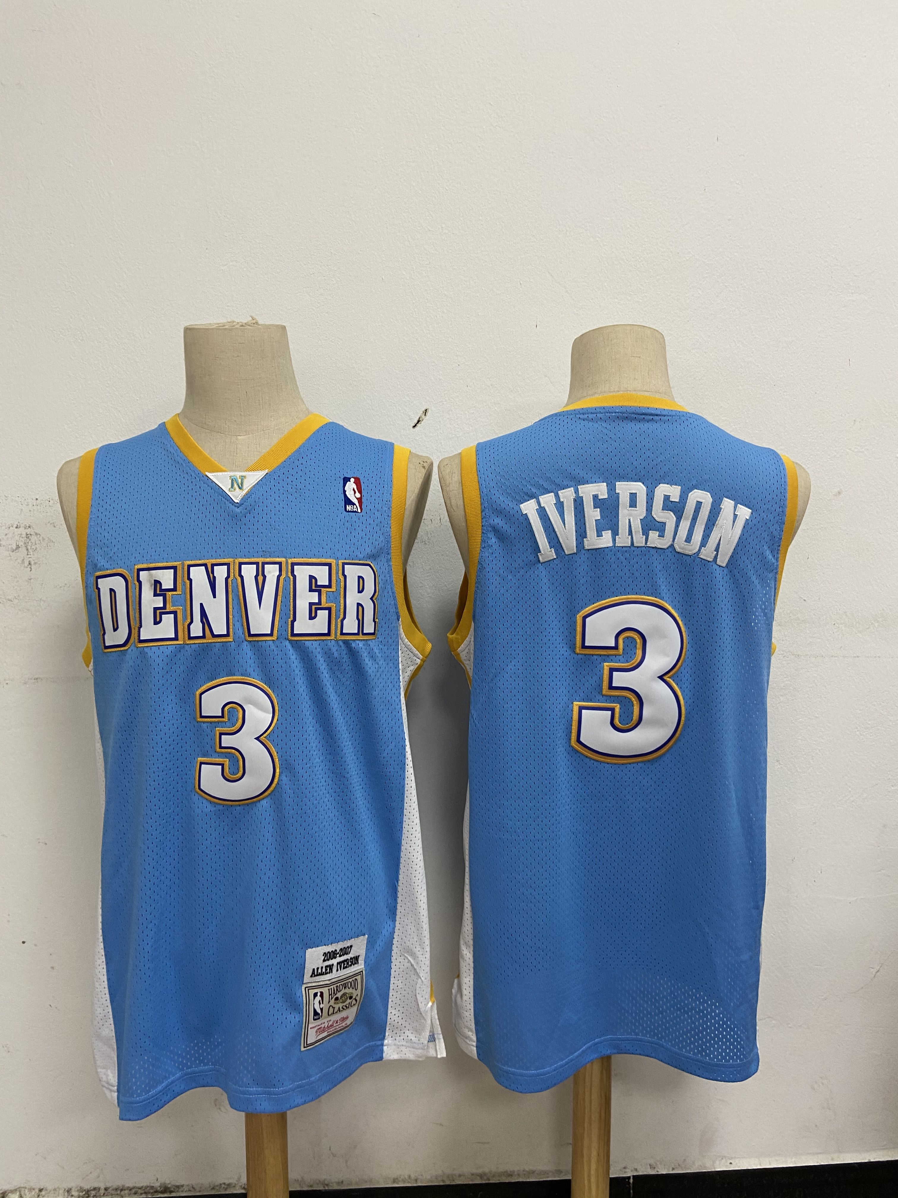 Men Denver Nuggets #3 Iverson Light Blue mesh Throwback NBA Jerseys